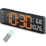 Digital Clock, Digital Wall Clock for Living Room Decor, Desk Alarm Clock for Bedroom, Large Wall Clock with Remote Control, Automatic Brightness Dimmer LED Clock with Date Temperature Week (Orange-B)