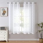 Bujasso White Sheer Curtains 54 inch Embroidery Geometric Light Filtering Short Curtain Panels for Living Room Kitchen Modern Moroccan Window Treatment Set Tulle Drapes Grommet Top W38 xL54 x2