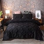 Feelyou Pinch Pleated Duvet Cover Set King 3 Pieces Pintuck Bedding Set Modern Geometric Pintuck Tufted Comforter Cover with 2 Pillow Shams Microfiber Bed Cover Solid Black Chic Decorative Zipper