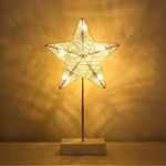 Lewondr Decorative Table Lamp, Christmas Star Night Lamp Winding Cotton Thread Warm LED Light Lamp for Bedroom, Battery Operated Lamp for Tables Cordless Xmas Home Romantic Bedside Table Lamp, White