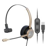 One Ear USB Headset with Noise Cancelling Microphone, Gold PC Headphone USB with Mic Mute for Call Center Office Work from Home Skype Teams Zoom Webinar Jabber Meeting Calls