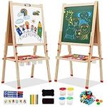 Kids Easel Double Sided Wooden Art Easel with Whiteboard & Chalkboard Height Adjustable Standing Toddler Easel with Magnet Stickers Education Gift for Boys Girls Toddler Ages 3+