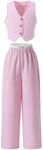 Floerns Girl's 2 Piece Outfits Elegant Striped Sleeveless Suit Vest & Long Elastic Casual Pants Set Pink 9Y