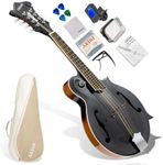 AKLOT F-Style Acoustic Mandolin Instrument: Hand-Carved Classic Scroll Headstock, Spruce Top with Mahogany Back & Sides, Bone Nut, Deluxe Mandolin Bundle with Padded Bag, Tuner, Capo, Gloss Black