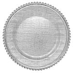 Ms Lovely Cross-Stitch Pattern Glass Charger 13 Inch Dinner Plate with Beaded Rim - Set of 4 - Silver
