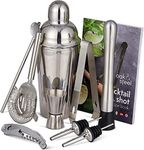 Oak & Steel - 10 Piece Premium Stainless Steel Cocktail Making Gift Set - Recipe Book, Shaker, Strainer, Muddler, Double Jigger & Pourers for Home and Bar Party, Bartender Tool Kit