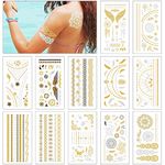 12 Sheets 120+ Metallic Temporary Tattoos, Flash Tattoos Tribal Feather Waterproof Tattoo, Waterproof Gypsy Jewellery Adhesive Tattoos for Women Girls Body Art