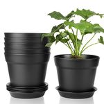 T4U 17.5CM Plastic Plant Pots 6-Pack, Large Flower Planter with Drainage Hole and Saucer, Classic Indoor Outdoor Black Plant Pots for Orchid, Penoy, Rose, Snake Plant, Aloe, Tulips, Peace Lily