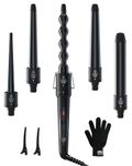 5 in 1 Curling Iron Wand Set, Ohuhu Upgrade Curling Wand 5Pcs 0.35 to 1.25 Inch Interchangeable Ceramic Barrel Heat Protective Glove, Dual Voltage Hair Crimper for All Hair Type, Black