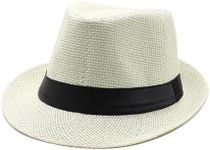 Gossifan Straw Fedora Hat for Men Panama Hat Short Brim Summer Sun Hat Black Belt-Cream