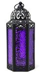 VELA LANTERNS Moroccan Candle Lantern Decorative Candle Holder Lamp for Indoor Outdoor, Ramadan, Home Decor, Patio, Weddings, Black Metal, Purple Glass, Medium Lantern