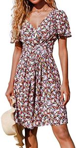 CUPSHE Robe Midi Femme Imprimé Floral Col V Évasé Manches Courtes Bouton Longueur Genou Multicolore XL