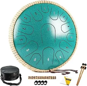 HOPWELL Steel Tongue Drum - 13 Inches 15 Notes Tongue Drum - Hand Pan Drum with Music Book, Handpan Drum Mallets and Carry Bag, D Major (Malachite Green)