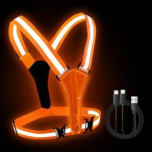 Running Vest Reflective, LED Safety Vest, Light Up Running Vest High Visibility Night Running Gear, Rechargeable Adjustable Safety Vest for Walking, Cycling, Biking, Runners, Orange