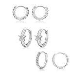 EXGOX 3 Pairs Silver Hoop Earrings for Women Girls,925 Sterling Silver Earrings Cubic Zirconia Huggie Hoop Earrings Hypoallergenic Small Cartilage Sleepers Earrings Set for Multiple Piercing, Star