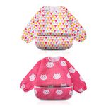 Long Sleeved Bib Waterproof Feeding Bibs Apron with Built-in Pocket Bag, Art Smock for Babies/Toddlers/Infants, Pack of 2 Colors（Pink)