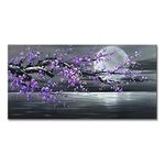 Purple Plum Blossom Flower Painting on Canvas Black and White Seascape Wall Art Abstract Artwork for Bedroom Decor