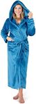 PAVILIA Plush Hooded Robe For Women | Turquoise Teal Blue, Fluffy Soft Bathrobe With Hood | Fuzzy Warm Spa Robe, Cozy Fleece Long Robe | Satin Trim, Large-X-Large