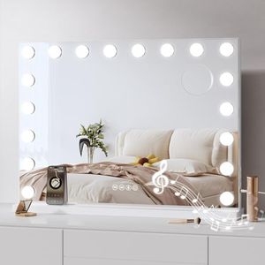 Dripex Miroir Maquillage Hollywood Bluetooth, 18 Ampoules LED 80 x 60 cm, Miroir Coiffeuse Lumineux Contrôle Tactile, Luminosité Réglable, sur Table & sur Mur, Port USB et Type-C - Blanc