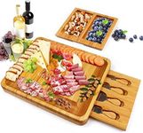 Bamboo Cheese Board and Knife Set, Cheese Servers with Hidden Drawer, Charcuterie Platter and Cheese Serving Tray for Wine, Crackers, Brie and Meat. Perfect for Christmas, Wedding &Housewarming Gifts