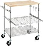 Finnhomy 3-Tier Rolling Kitchen Cart with 18" D x 30" W Oak Wood Tabletop, Kitchen Island Cart with 4" Wheels and Slider Shelf, Microwave Cart & Coffee Cart with Hooks for Dining Room, Chrome