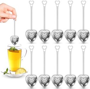 10Pcs Tea Strainers for Loose Tea - Heart Shaped Tea Filter Set Long Spoon Stainless Steel Tea Infusers for Loose Tea Strainer, Silver Loose Leaf Tea Steeper Mesh Strainer Tea Infuser Filter Spoon Set