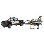 bruder 02507 - RAM 2500 Police Pick-up, Light and Sound Module, Trailer with Boat, 2 Figures - 1:16 Emergency Car Emergency Service Police Officer Diver Off-Road Vehicle Inflatable Boat Bworld Toy