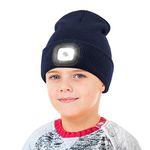 LED Beanie Hat with Light for Kids, Unisex USB Rechargeable Hands Free 4 LED Headlamp Cap Winter Knitted Night Lighted Hat Flashlight Boys Girls Gifts (Navy Blue)