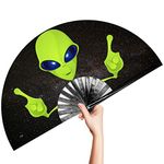 OMyTea Rave Clack Hand Fan for Men/Women - Large Chinese Japanese Bamboo Folding Handheld Fan - for EDM, Music Festival, Club, Event, Party, Dance, Performance, Decoration, Gift (Alien)