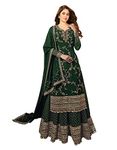 Miss Ethnik Women's Faux Georgette Semi Stitched Top With Stitched Faux Georgette Bottom and Faux Georgette Dupatta Embroidered Straight Kurta Dress Material (Kurta Palazzo Set) (Dark Green)