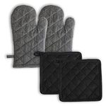 Ecotribe 2 Oven Mitts and 2 Pot Holders Set-Cotton Heat Resistant Pot Stand and Kitchen Gloves-Heat Proof-Free Size-Combo Set, Grey & Black