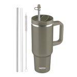 MILTON Malmo 1200 Thermosteel Double Wall Vacuum Insulated Stainless Steel Water Tumbler with Handle 1100ml,Travel Mug with Straw,Silicon Cap,Cleaning Brush,Hot & Cold Beverage Flask,Olive Green
