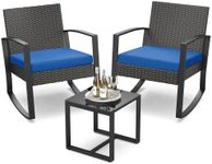 Qsun 3 Piece Patio Bistro Set Patio Furniture Set Outdoor Wicker Rocking Furniture Conversation Set with Tempered Glass Coffee Table for for Front Porch Balcony and Deck (Blue Cushion