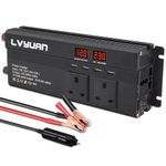 LVYUAN Modified Sine Wave Power Inverter 1200/2500 W DC 12V to 240V AC Car Converter with 4 USB | 3 UK Sockets | Dual LED Display | Fan, Car Adapter, Black