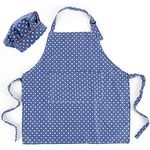 CRJHNS Kids Apron and Chef Hat Set, Adjustable Cotton Child Aprons with 2 Pockets Cute Girls Boys Kitchen Bib Aprons for Cooking Baking Painting (Large, Blue)