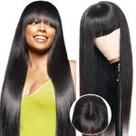 Straight Glueless Human Hair Wig With Bangs, 2x4 Lace Front Wigs Human Hair For Balck Women 180% Density,Wear And Go Glueless Wig Human Hair With Fringe, Black Virgin Brazilian Real Human Hair 22 Inch