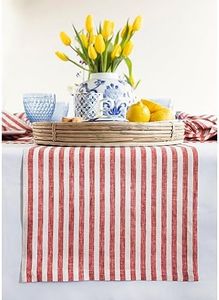 Solino Home Striped Linen Table Runner 156 Inches Long - Amalfi Stripe 100% Pure Linen Red and White Dining Table Runner 14 x 156 Inch for Spring, Summer, Memorial Day