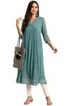 Janasya Women's Green Poly Chiffon Self Design Flared Western Dress(JNE3797-KR-M)