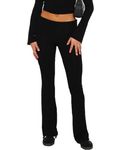 GRMLRPT Women's Fold Over Flare Leggings Low Rise Bell Bottom Lounge Pants Slim Fit Bootcut Wide Leg Y2k Joggers,Black,L