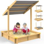 Spielwerk® Samu Sandpit with Roof 120 x 120 cm Natural Wood Fill Level Scale UV 50 Edge Protection Floor Fleece Sand Toy Children's Sandbox Sandbox