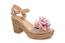 IVACHY Womens Wedge Ladies Summer Floral Sandal Espadrille Platform with Pearl Decoration Pink