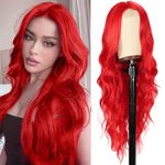 YESEGO Long Red Curly Wavy Wigs for Women 26 Inch Middle Part Body Wavy Wig Natural Looking Synthetic Heat Resistant Fiber Wig for Daily Party Use, Red