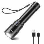 SuperFire LED Torch Rechargeable Super Bright, 15000 High Lumens Torch, Powerful Flashlight with Zoomable, 5 Modes, Water Resistant, Pocket Size Brightest Torch for Power Cuts Camping Emergency