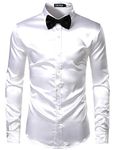 ZEROYAA Men's Luxury Shiny Silk Like Satin Button Up Dress Shirts, White, Medium