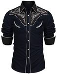 COOFANDY Men's Western Cowboy Shirt Embroidered Button Down Long Sleeve Shirts, Cotton - Navy Blue, 3XL