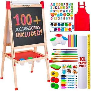 Blue Squid Art Easel for Kids Including 100+ Accessories - Double Sided Adjustable Wooden Painting Easel with Magnetic Chalk Board, White Board and Paper Roll for Toddlers Ages 3,4,5,6,7,8,9,10,12