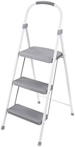 Rubbermaid 3 Step Folding Ladder, Steel Foldable Step Stool with Hand Grip, White