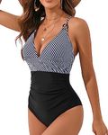 VECENEY One Piece Bathing Suit for Women Tummy Control Swimsuit Criss Cross Back O-Ring V Neck Ruched Swimwear Black White Stripe L