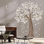 decalmile Large White Cherry Blossom Tree Wall Stickers Flower Birds Branch Wall Decals Bedroom Living Room Sofa TV Background Wall Decor