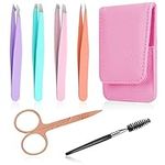 6 Pcs Tweezer Set, Eyebrow Kit Including 4 Pcs Precision Tweezers, 1 Eyebrow Scissors, 1 Eyebrow Brush for Facial Hair, Splinter and Ingrown Hair Removal with a Pink Case